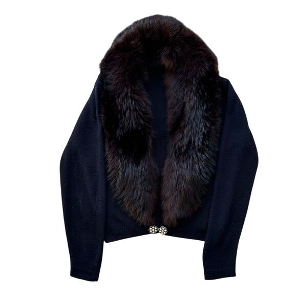 Vintage Orlon Black Cardigan M Fur Collar Rhinestone - Picture 3 of 8